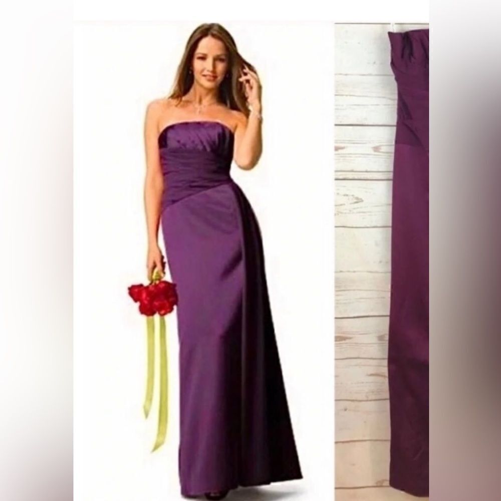Davids Bridal Wedding Bridesmaid Satin Sangria Strapless Side Tie Formal Gown